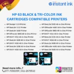 HP 63 Black & tri-color ink cartridges Compatible Printers