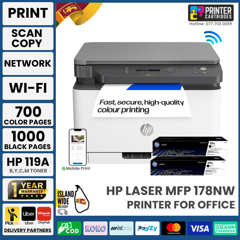 HP-Laser-MFP-178fnw-Printer-PrinterCartridges-lk HP 178nw Colour Multifunctional Laser Printer