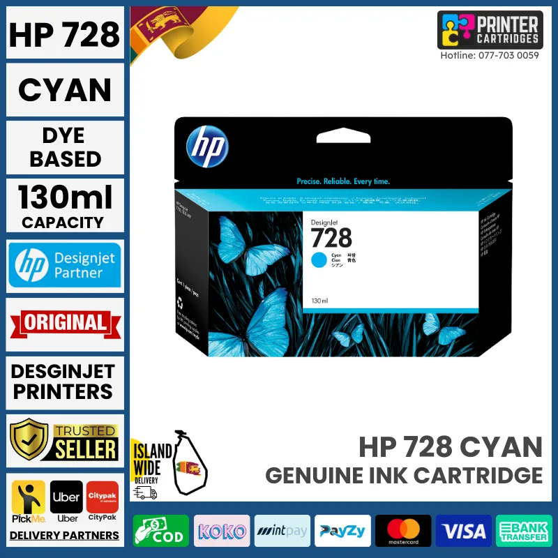 HP 728 130-ml Cyan DesignJet Ink Cartridge