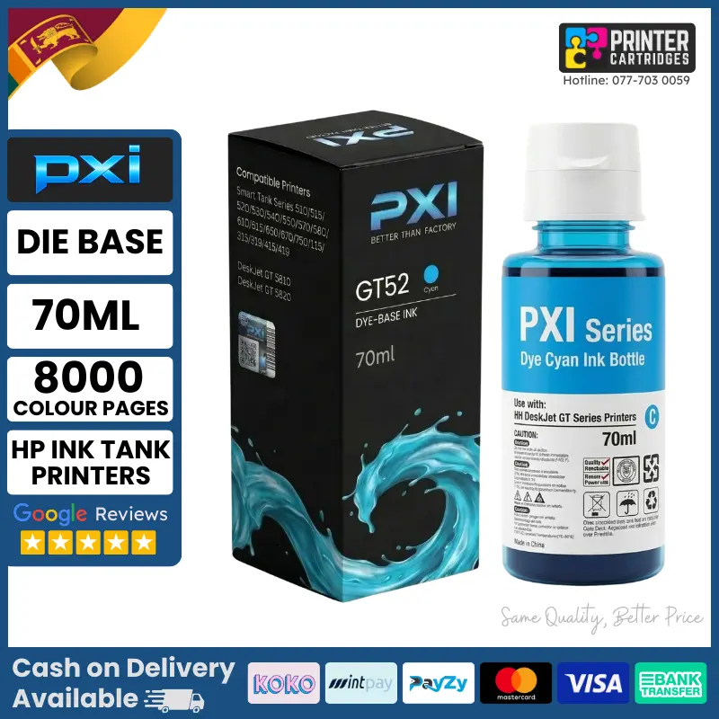 PXI GT52 Cyan Ink Bottle for HP GT52 Ink Tank Printers (Die-Base Ink)