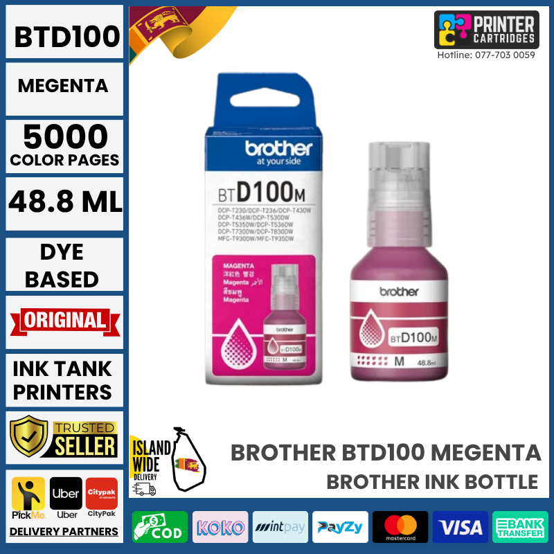 Brother-BT100-Magenta-Original-Ink-Bottle-printercartridges.lk Brother BTD100 Original Ink Bottle (Magenta)