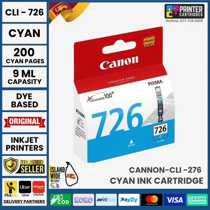 Canon-CLI-726-Cyan-Original-Ink-Printercartridges.lk Canon CLI-726 Original Ink Cartridge (Cyan )