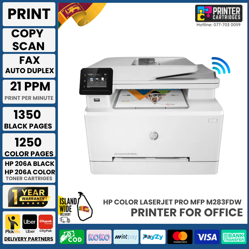 HP-Color-LaserJet-Pro-MFP-M283fdw-printercartridges.lk (1) HP Color LaserJet Pro MFP M283fdw Wireless Colour Laser Multifunction Printer (Print, Copy, Scan)