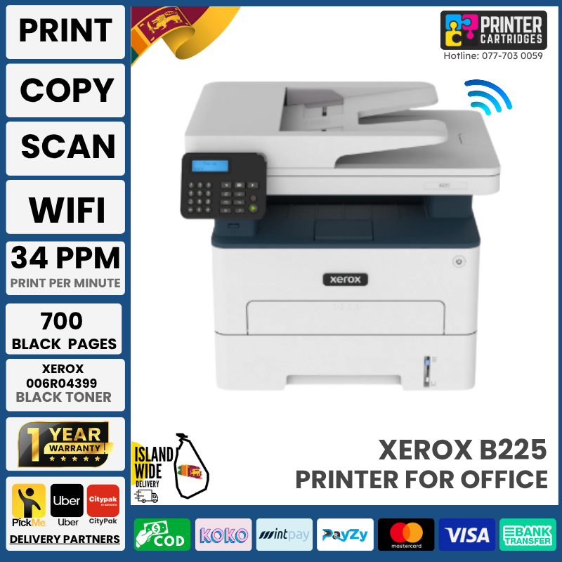 Xerox-B225-Monochrome-Printer-Printercartridges.lk Xerox B225 Wi-Fi Monochrome Multifunction Printer (Print, Copy, Scan)