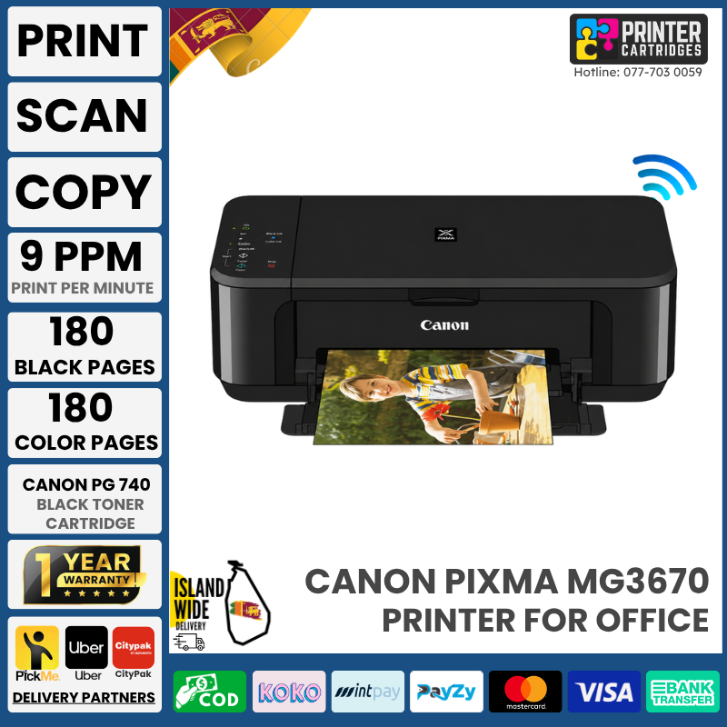 Canon PIXMA MG3670 Wireless Photo All-In-One with Auto Duplex-printercartridges.lk Canon PIXMA MG3670 Wireless Photo All-in-One Printer (Print, Copy, Scan, Wi-Fi, Auto Duplex)