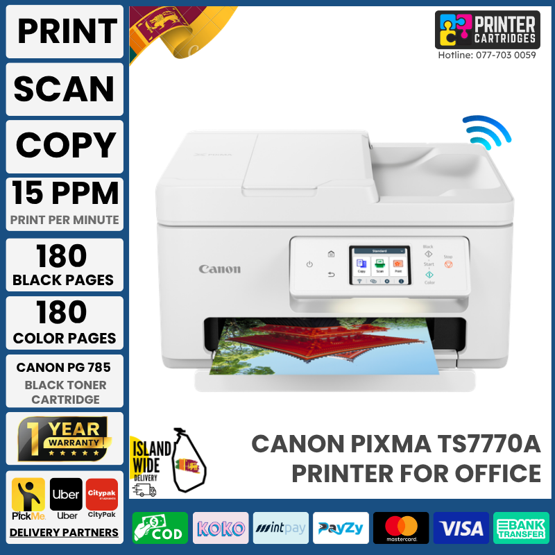 Canon PIXMA TS7770A Compact Wireless Photo All-In-One with 35-sheet ADF and Touchscreen LCD-printercartridges.lk Canon PIXMA TS7770A Compact Wireless Photo All-in-One Printer (Print, Copy, Scan, 35-Sheet ADF, Touchscreen LCD, Auto Duplex)