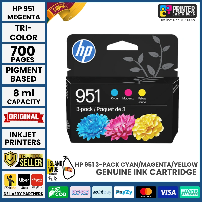 HP-951-3 Pack Maganta, Yellow, Cyan-Original-Ink-Cartridge-CN049AN#143 HP 951 3-pack Cyan/Magenta/Yellow Original Ink Cartridges