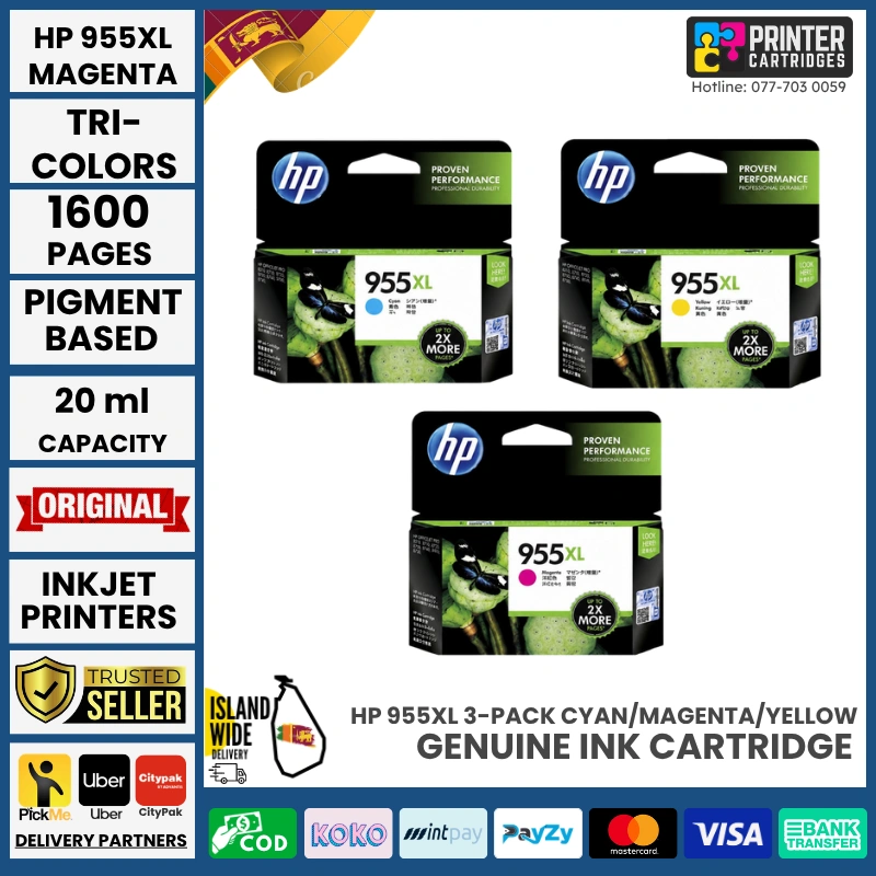 HP-955XL - 3 Pack -High-Yield-Magenta, Yellow, Cyan-Original Ink Cartridge-L0S66AA HP 955XL 3-pack Cyan/Magenta/Yellow Original Ink Cartridges